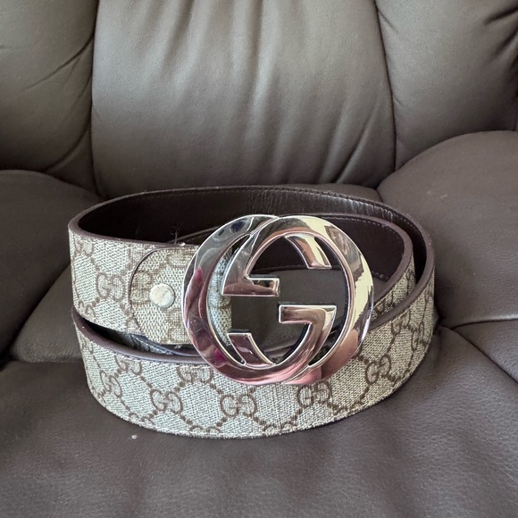 Gucci Monogram Beige and Brown Belt with Silver GG Buckle - Picture 1 of 6